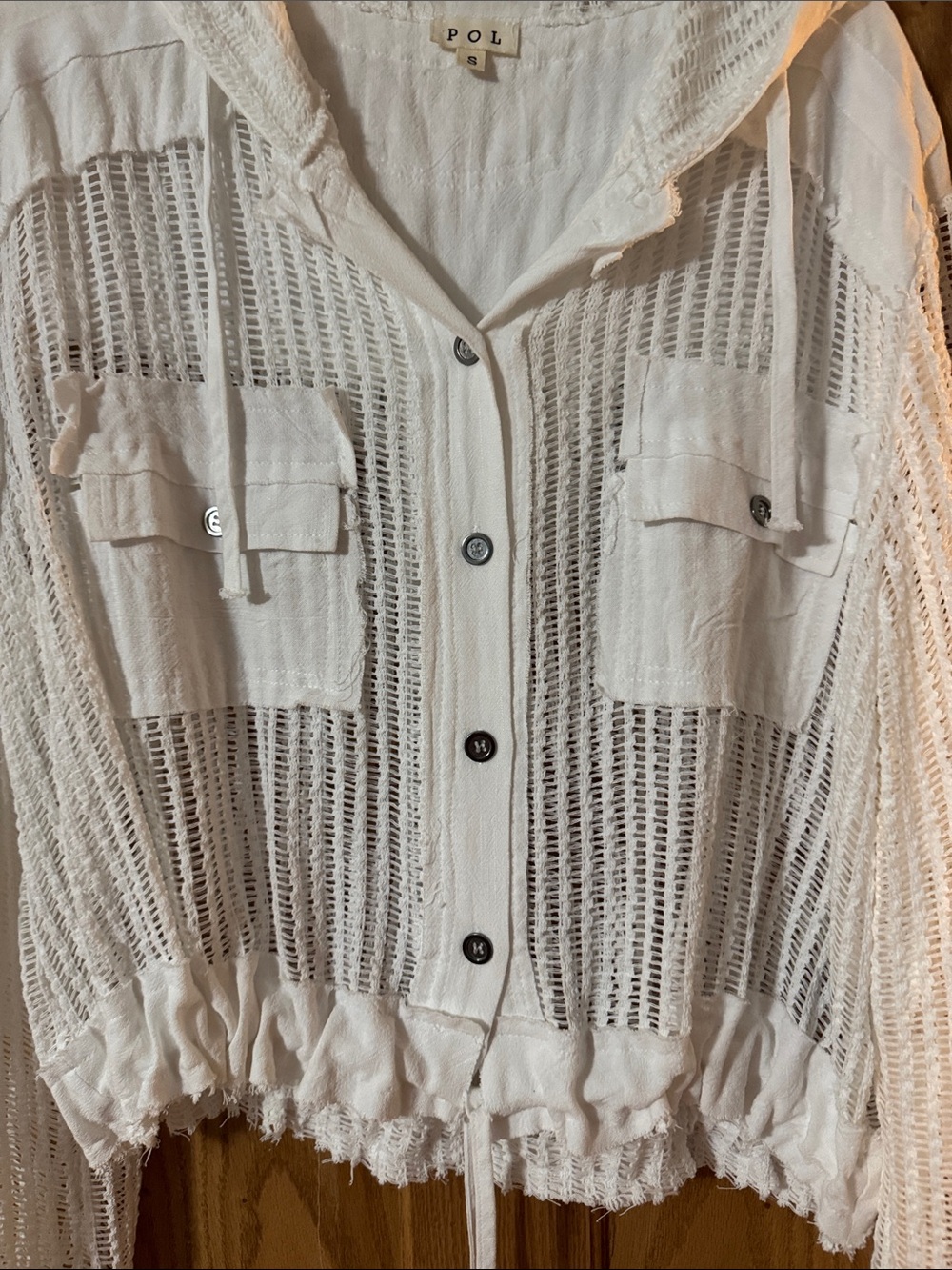 POL White Sheer Button-Front Hooded Knit Shirt with drawstring waist REALLY NICE